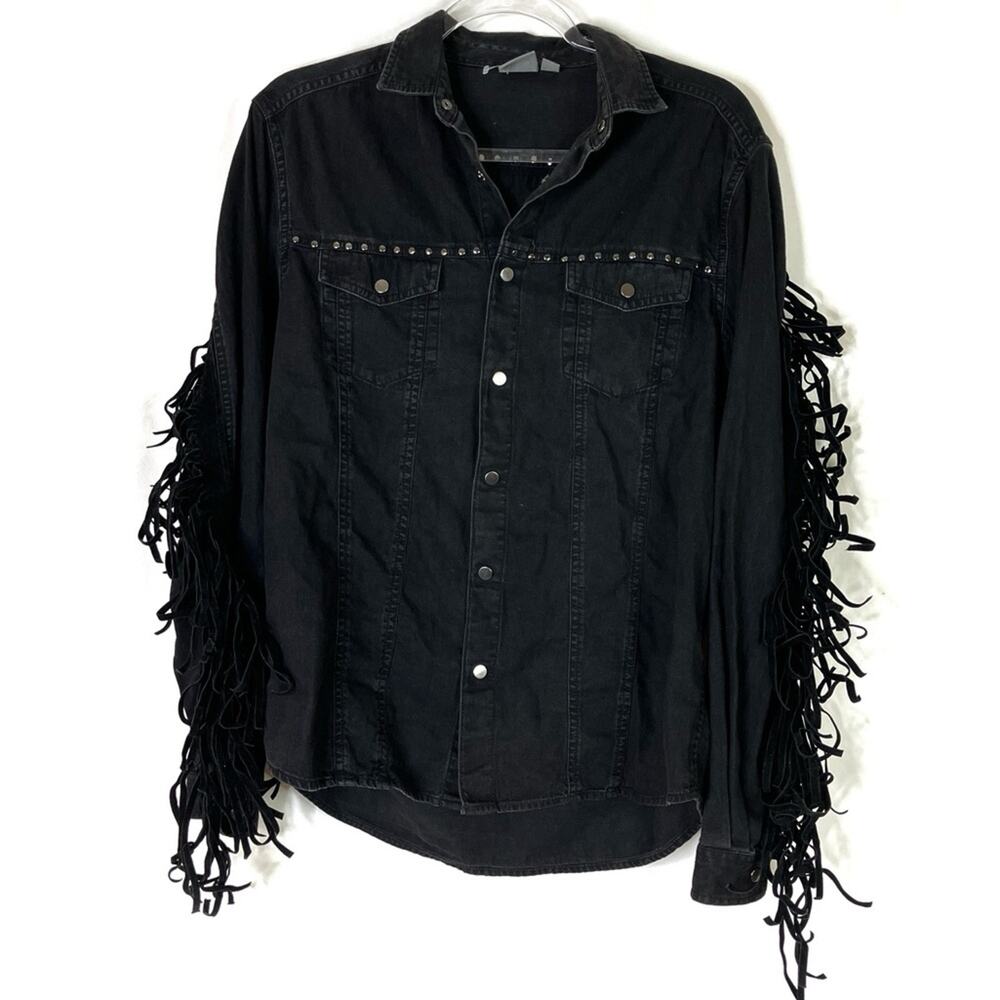 ASOS Black Fringe Denim Jacket Western Biker Snap Front Womens Small
